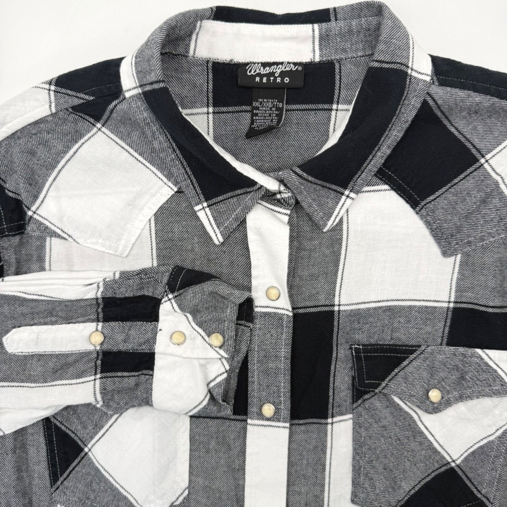 Wrangler Retro Western Shirt Womens XXL Black White Plaid Pearl Snap 10LW70179